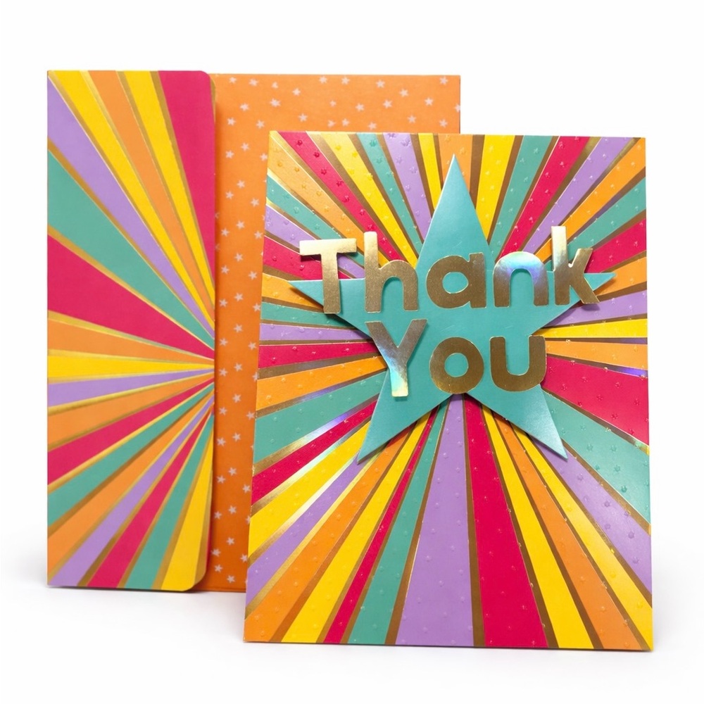 Colorful Thank You Greeting Card Rainbow Starburst w Envelope Blank Inside